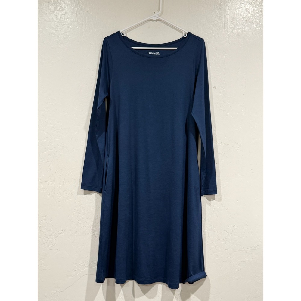 Wool& Rowena Swing Dress Navy Blue Merino Wool Long Sleeve Midi Pockets M-Long - Picture 2 of 5